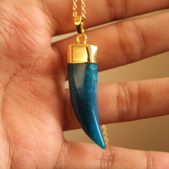 Jewelry - Blue Agate Horn Pendant Necklace – Gold Trim, Bold Statement Piece